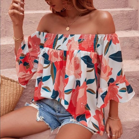 Boho Floral Print Smocked Shirred Off shoulder Top Blouse - Picture 4 of 7